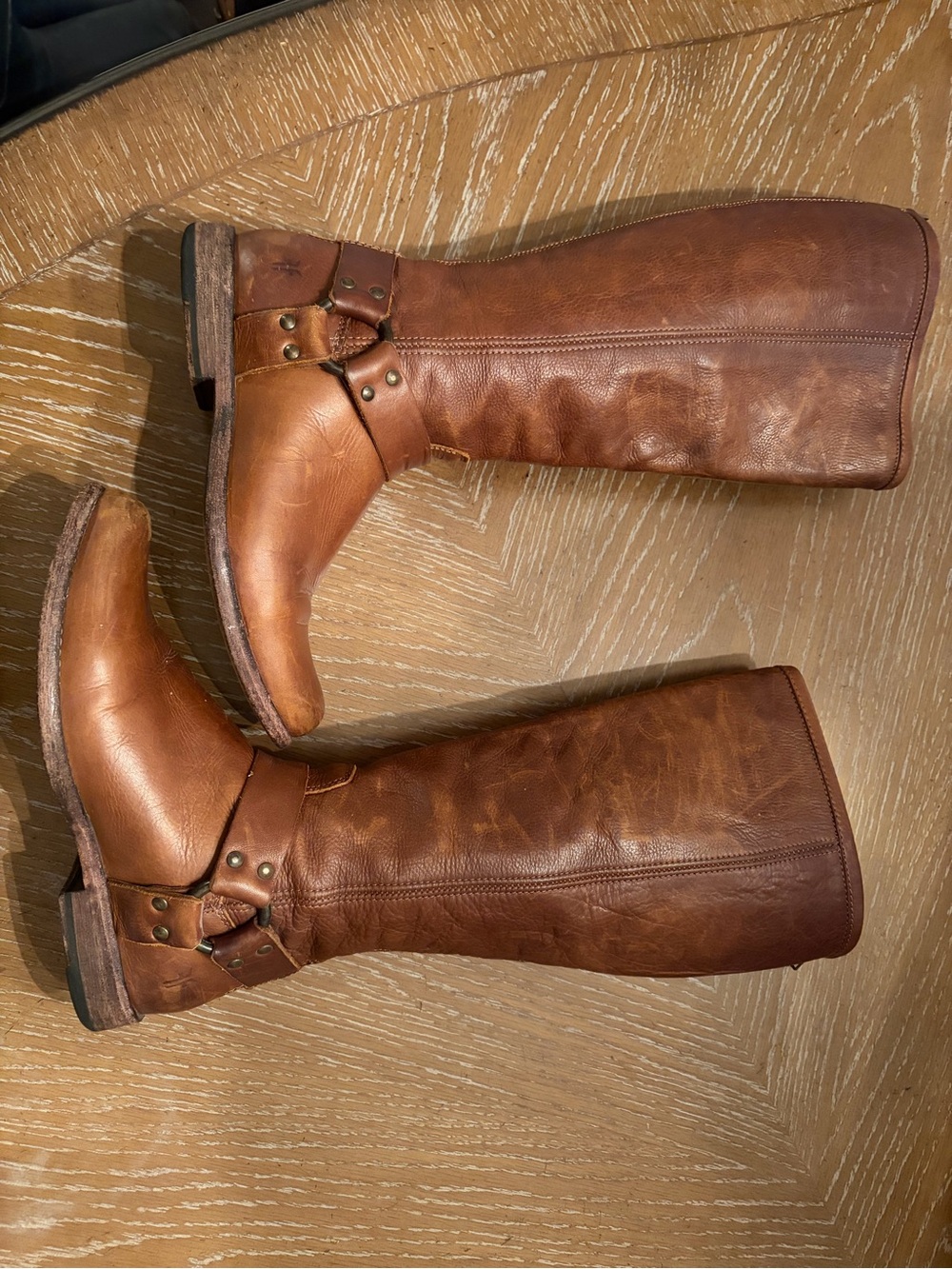 Frye Phillip Harness Women Tall Leather Riding Boots in Cognac Brown